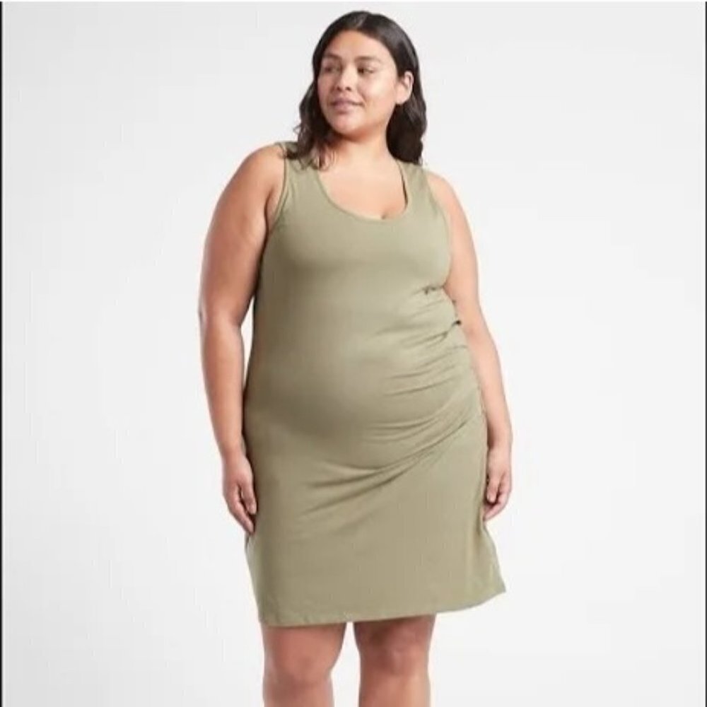 NWT Athleta Women's Size 2X Della Dress Olive Green Organic Cotton Ruched Waist